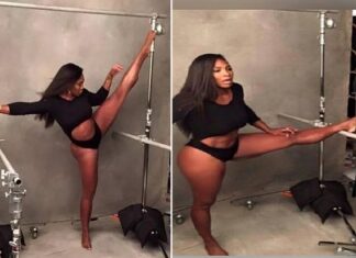 Look at Six Dazzling Serena Williams’ Private Splitting Photos…. suspending herself on two bars Serena Williams flaunts abs as she splits on air